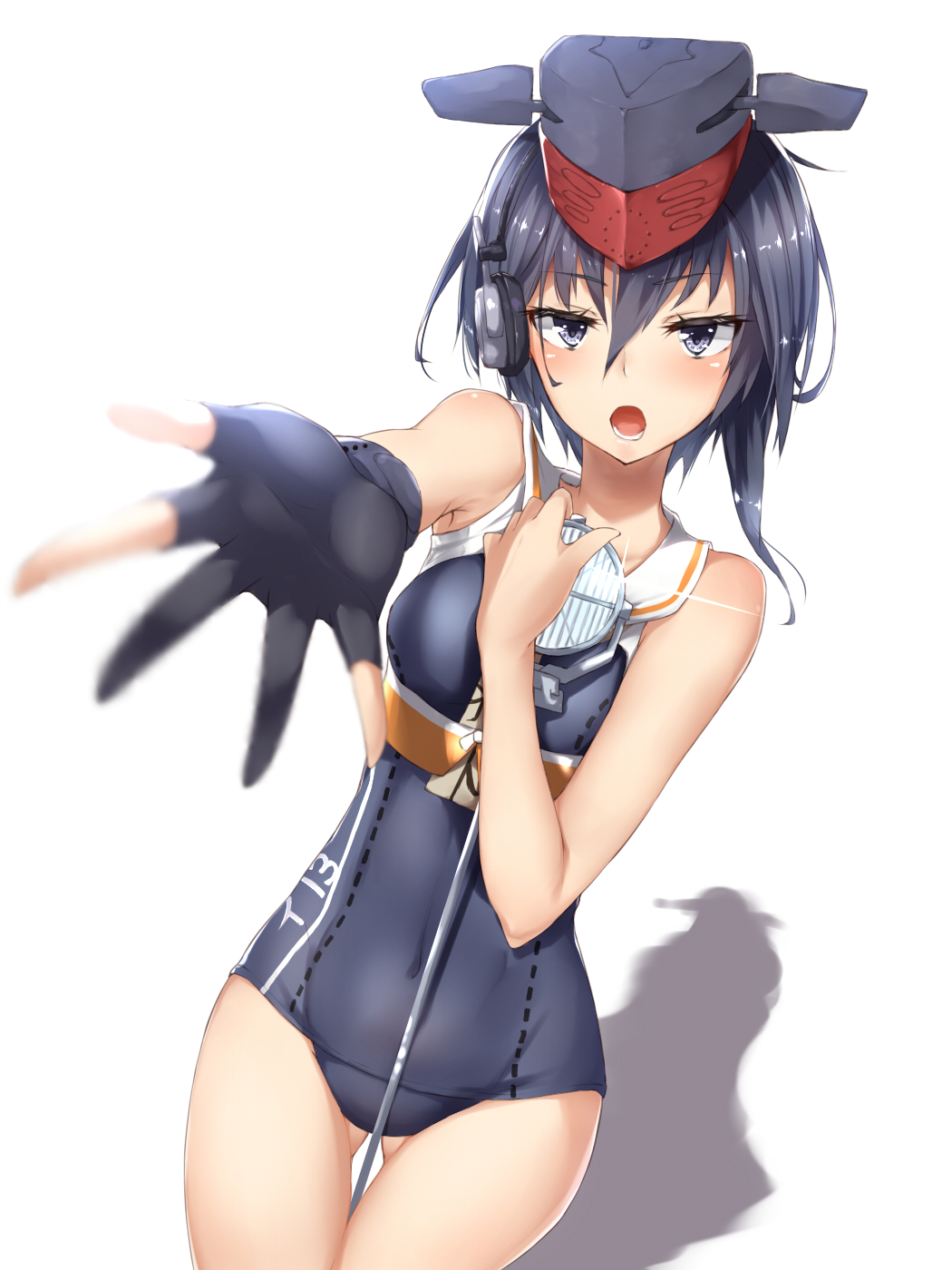 asymmetrical_hair black_hair blurry brown_eyes cowboy_shot depth_of_field foreshortening framed_breasts gloves hair_between_eyes hand_on_own_chest hat headphones highres i-13_(kantai_collection) kantai_collection looking_at_viewer open_mouth partly_fingerless_gloves sailor_collar school_swimsuit shadow short_hair simple_background single_glove solo swimsuit tokorotn white_background