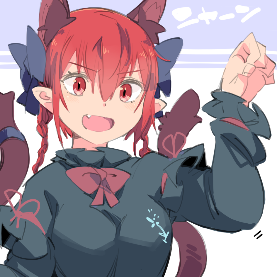 :d akuma animal_ears blush braid breasts cat_ears cat_tail dress extra_ears fang hair_ribbon kaenbyou_rin medium_breasts multiple_tails open_mouth paw_pose red_eyes red_hair ribbon smile solo tail touhou twin_braids two_tails