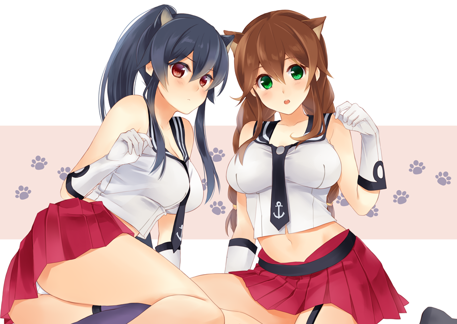 anchor_symbol animal_ears asymmetrical_legwear bangs black_hair black_legwear blush braid breasts brown_hair cat_ears cat_tail garter_straps gloves green_eyes ichinomiya_(blantte) kantai_collection kemonomimi_mode large_breasts long_hair looking_at_viewer lying midriff miniskirt multiple_girls necktie noshiro_(kantai_collection) on_side open_mouth pleated_skirt ponytail red_eyes red_skirt school_uniform scrunchie serafuku shirt sidelocks single_thighhigh sitting skirt sleeveless sleeveless_shirt swept_bangs tail thighhighs twin_braids white_gloves yahagi_(kantai_collection)