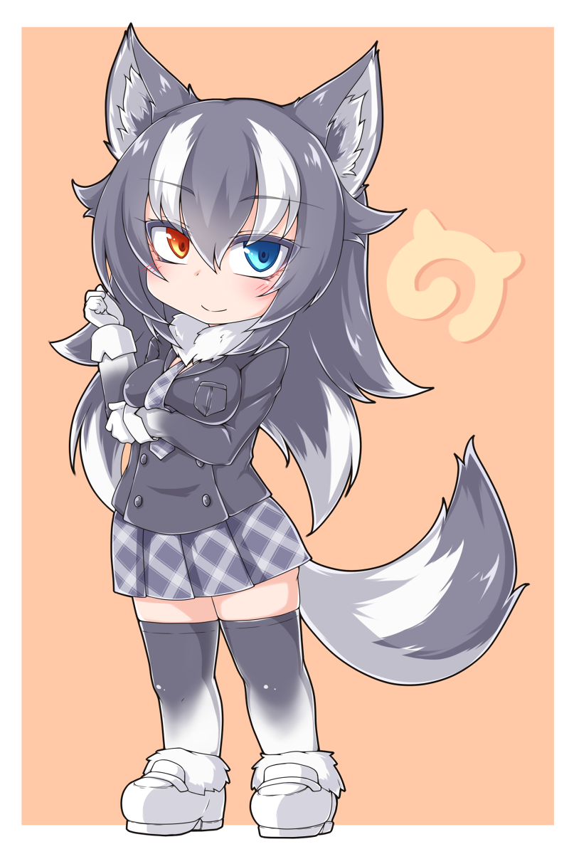 animal_ears bella1202 black_hair blue_eyes blush breast_hold breasts chibi full_body fur_collar gloves grey_wolf_(kemono_friends) heterochromia highres japari_symbol kemono_friends long_hair long_sleeves looking_at_viewer medium_breasts multicolored_hair necktie skirt solo tail thighhighs two-tone_hair wolf_ears wolf_tail yellow_eyes zettai_ryouiki