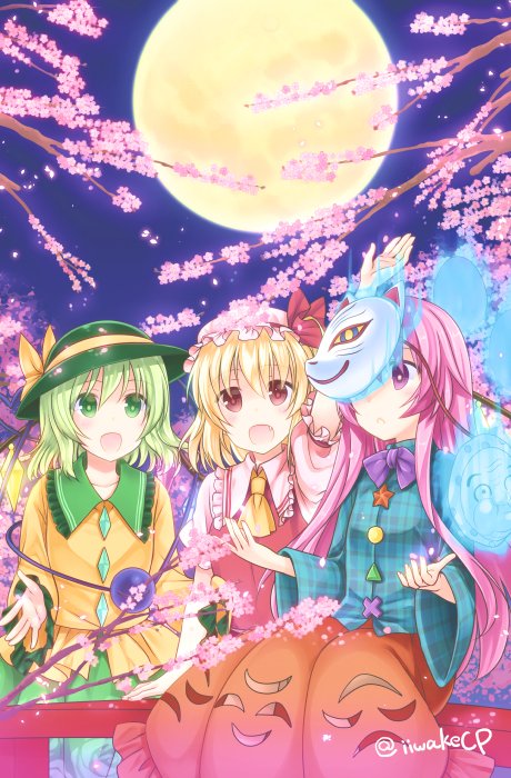 :d ascot bangs blonde_hair bow bubble_skirt cherry_blossoms commentary_request eyeball flandre_scarlet fox_mask frilled_shirt_collar frilled_sleeves frills full_moon green_eyes green_hair green_hat green_skirt hair_between_eyes hat hat_bow hat_ribbon hata_no_kokoro hyottoko_mask komeiji_koishi long_hair long_sleeves mask mask_on_head mob_cap moon multiple_girls night night_sky open_mouth outdoors pink_eyes pink_hair plaid plaid_shirt puffy_short_sleeves puffy_sleeves railing red_eyes red_ribbon red_vest ribbon shigemiya_kyouhei shirt short_hair short_sleeves sidelocks sitting skirt sky smile third_eye touhou vest wide_sleeves yellow_bow yellow_shirt