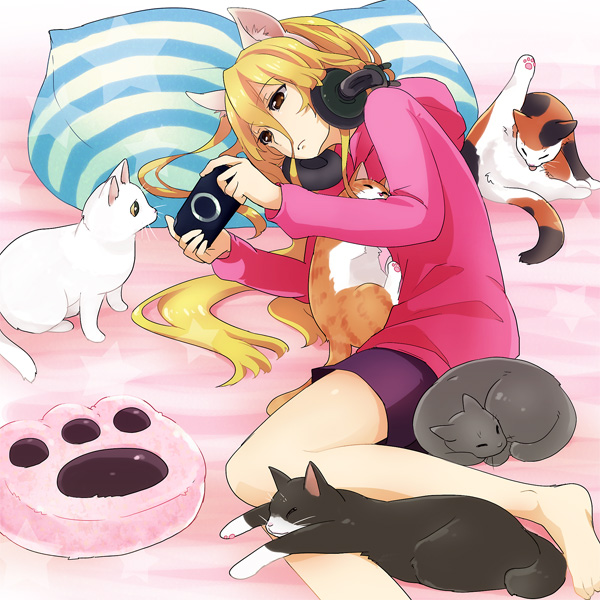 animal_ears bed black_cat black_shorts blonde_hair brown_eyes calico casual cat cat_ears cat_paws closed_mouth fake_animal_ears girls_und_panzer grey_cat hair_between_eyes handheld_game_console headphones headphones_around_neck hood hoodie kosame_koori long_hair long_sleeves lying nekonyaa on_side paw_print paws playstation_portable purple_shirt shirt shorts solo striped_pillow stuffed_toy white_cat