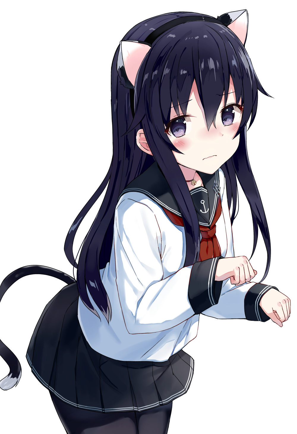 akatsuki_(kantai_collection) anchor_symbol animal_ears black_hair black_legwear blush cat_ears cat_tail commentary_request fake_animal_ears highres kantai_collection long_hair neckerchief pantyhose paw_pose purple_eyes red_neckwear school_uniform serafuku shikuro_(iorimiyakiyo) simple_background solo tail white_background