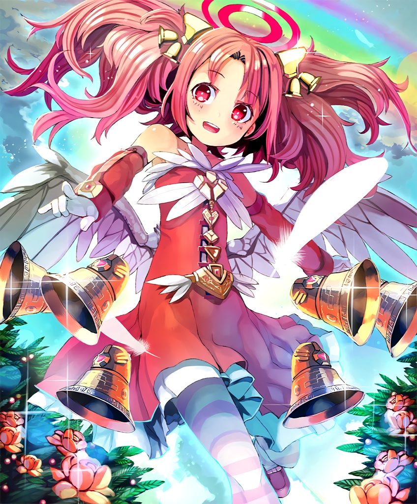 angel angel_wings artist_request bell bellringer_angel cygames detached_sleeves dress eyebrows_visible_through_hair feathers flower gloves hair_bell hair_ornament halo official_art rainbow red_dress red_eyes red_hair shadowverse shingeki_no_bahamut smile striped striped_legwear twintails wings