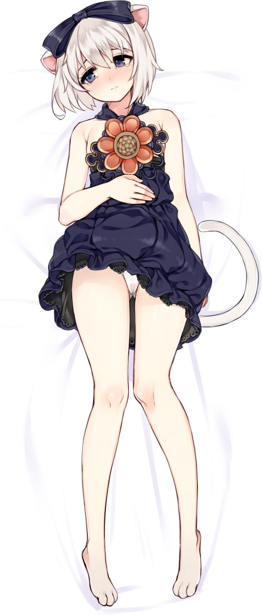 animal_ears bangs bare_arms bare_legs bare_shoulders barefoot bed_sheet black_dress black_ribbon blade_&amp;_soul blue_eyes blush bow brown_hair cameltoe cat_ears closed_mouth dress from_above hair_between_eyes hair_ornament hair_ribbon highres kuro_(kuronell) lying lyn_(blade_&amp;_soul) on_back panties paws ribbon short_dress short_hair solo strapless strapless_dress tearing_up tears underwear white_panties