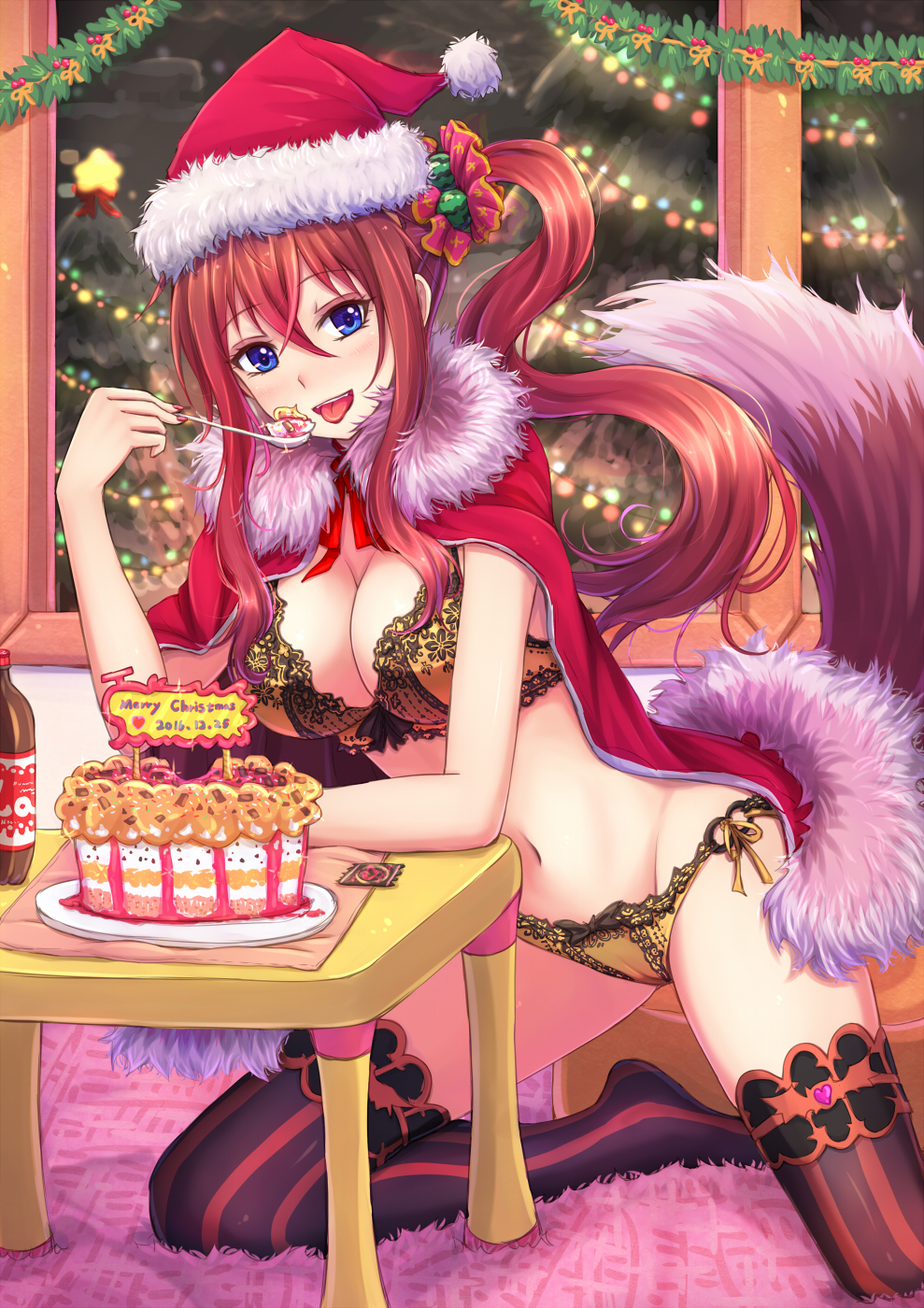 animal_ears bikini blue_eyes blush bottle breasts brown_hair capelet christmas christmas_tree cleavage eyebrows_visible_through_hair fake_animal_ears food frilled_bikini frills fur_trim hair_between_eyes hair_ornament hair_scrunchie hat highres holding holding_spoon jewelry large_breasts long_hair looking_at_viewer navel necklace open_mouth original santa_costume santa_hat scrunchie side_ponytail solo spoon suikakitsu_shiro swimsuit thighhighs tongue tongue_out underwear xia_you_qing