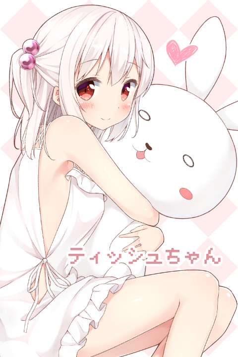 bare_shoulders blush breasts character_name eyebrows_visible_through_hair hair_bobbles hair_ornament heart karutamo long_hair looking_at_viewer medium_breasts object_hug one_side_up original red_eyes silver_hair sitting smile solo stuffed_animal stuffed_bunny stuffed_toy tisshu_(karutamo)