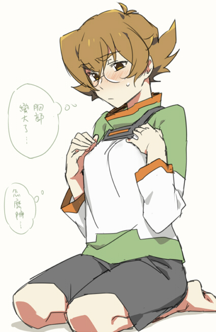 barefoot blush breasts brown_eyes brown_hair catgirl0926 chinese glasses hyakujuu-ou_golion medium_breasts pidge_gunderson seiza short_hair shorts sitting solo sweatdrop thought_bubble translated voltron:_legendary_defender