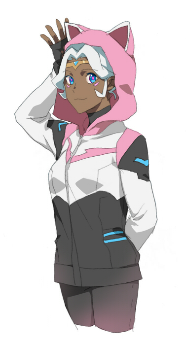 animal_ears arm_behind_back arm_up blue_eyes cat_ears catgirl0926 circlet cowboy_shot dark_skin facial_mark fake_animal_ears fingerless_gloves gloves hood hyakujuu-ou_golion jacket princess_allura smile solo turtleneck voltron:_legendary_defender white_hair