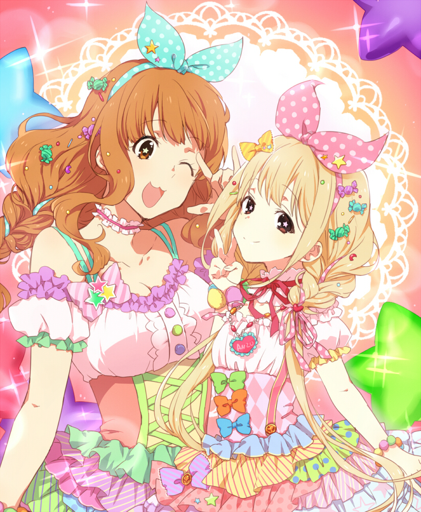 :3 \m/ argyle bead_bracelet beads blonde_hair bracelet braid breasts brown_eyes brown_hair candy_hair_ornament catgirl0926 cleavage dress food_themed_hair_ornament frilled_dress frills futaba_anzu hair_ornament hair_ribbon hairband idolmaster idolmaster_cinderella_girls idolmaster_cinderella_girls_starlight_stage jewelry large_breasts moroboshi_kirari multiple_girls one_eye_closed open_mouth pink_dress puffy_short_sleeves puffy_sleeves ribbon short_sleeves smile sparkle star star-shaped_pupils symbol-shaped_pupils twin_braids v