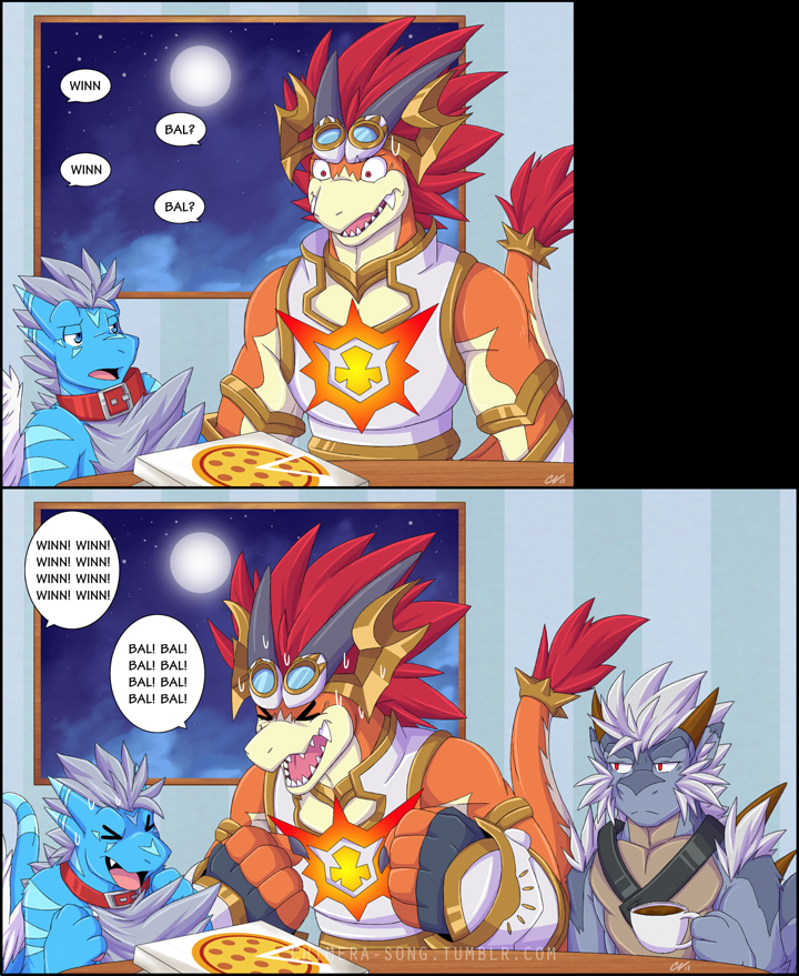 angry annoyed armband armor belt beverage box chimera-song claws clothing cloud coffee collar competition cup dragon equipment eyewear feathers food frustrated fur future_card_buddyfight gloves goggles hair horn jewelry male metal moon necklace painting pizza star sun_dragon_bal table tension watermark wings wood