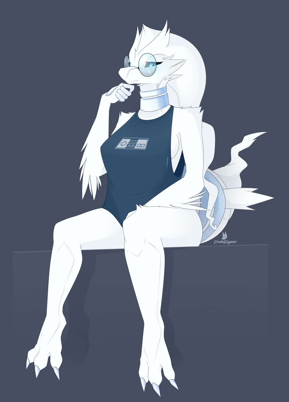 2017 anthro anthrofied black_sclera blue_eyes breasts claws clothed clothing dragon drakeraynier english_text eyewear female fur furred_dragon glasses grey_background hair hi_res legendary_pok&eacute;mon looking_at_viewer nes nes_controller nintendo pok&eacute;mon pok&eacute;morph reshiram shirt signature simple_background sitting solo text toe_claws video_games white_claws white_fur white_hair