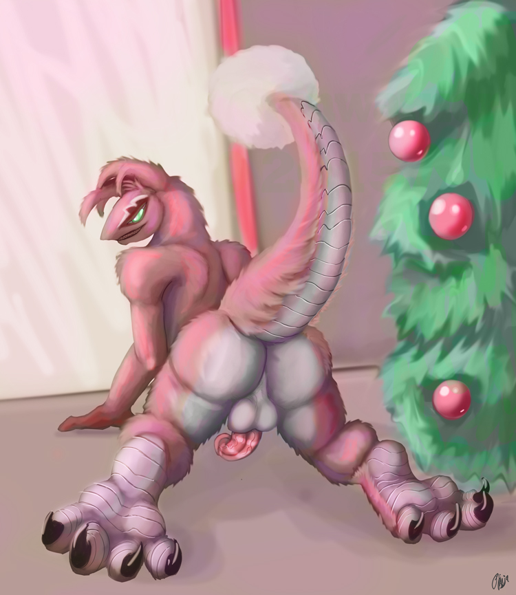 alien animal_genitalia anthro balls butt christmas christmas_tree claws erection feet foot_focus fur gremlin holidays looking_at_viewer looking_back male nude open_mouth penis phinja presenting presenting_hindquarters puff_ball raised_tail scales scalie smile soles solo toes tree