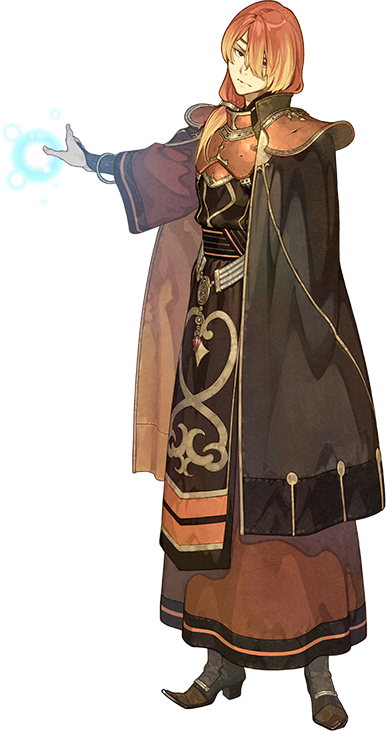 blonde_hair boots capelet circlet fire_emblem fire_emblem_echoes:_mou_hitori_no_eiyuuou full_body hidari_(left_side) low_ponytail luthier_(fire_emblem) male_focus multicolored_hair official_art red_hair solo transparent_background two-tone_hair