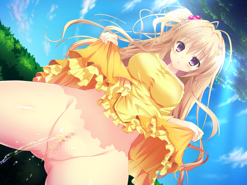 ahoge animal_hair_ornament ass_visible_through_thighs baka_na_imouto_o_rikou_ni_suru_no_wa_ore_no_xx_dake_na_ken_ni_tsuite blonde_hair breasts bunny censored cloud cloudy_sky day dress dress_lift dutch_angle frilled_dress frills game_cg hair_ornament hedge_(plant) impossible_clothes impossible_dress large_breasts legs_apart lifted_by_self light_rays mitsui_hana mosaic_censoring no_panties outdoors pee peeing plant purple_eyes pussy scrunchie shiwasu_horio side_ponytail sky solo standing star star_hair_ornament tree yellow_dress