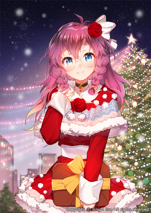blush bow braid capelet choker christmas christmas_tree flower gift hair_bow hair_flower hair_ornament long_sleeves looking_at_viewer official_art original purple_hair red_flower red_rose rose schubert sid_story side_braids smile solo twin_braids unagipang white_bow