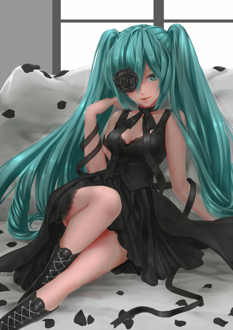 1girl alternate_costume arm_support arm_up bent_knees black_dress black_rose boots breasts choker deyezi dress flower green_eyes green_hair hatsune_miku lipstick long_hair looking_at_viewer one_eye_covered petals pink_lipstick ponytail ribbon ribbon_choker rose side_ponytail sitting smile solo tied_hair twintails very_long_hair vocaloid