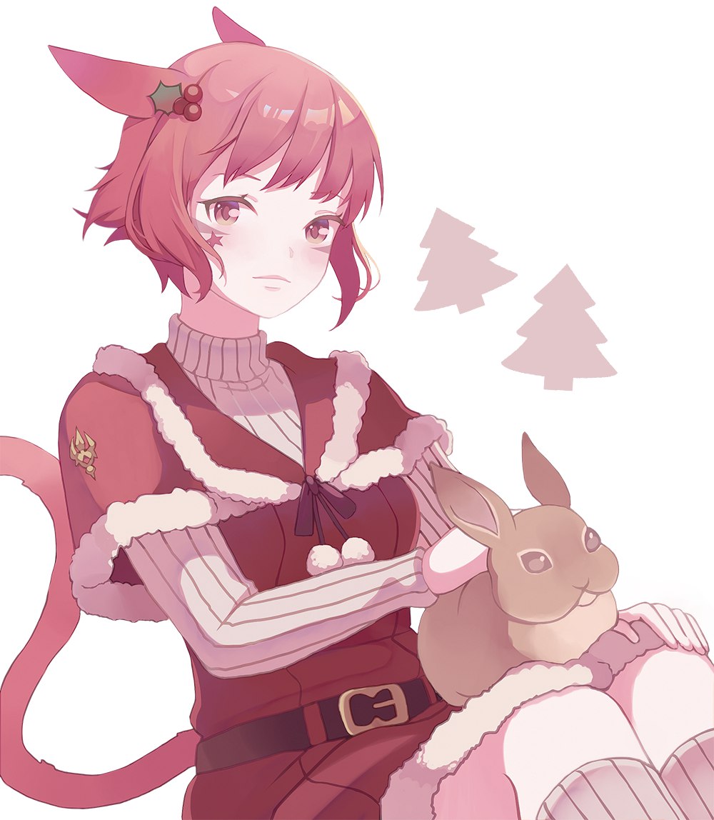 animal_ears bunny cat_ears cat_tail closed_mouth ear_piercing facial_mark facial_tattoo final_fantasy final_fantasy_xiv flat_color looking_at_viewer md5_mismatch miqo'te piercing red_eyes red_hair saibe santa_costume short_hair slit_pupils tail tattoo white_background