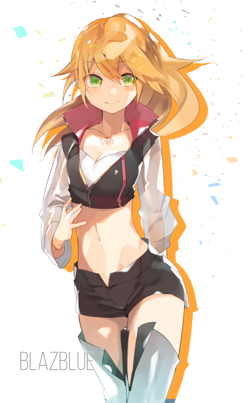 1girl black_shorts blazblue blonde_hair boots breasts cleavage collarbone copyright_name eyebrows_visible_through_hair floating_hair green_eyes hair_between_eyes hyakuhachi_(over3) long_hair long_sleeves looking_at_viewer midriff navel noel_vermillion short_shorts shorts simple_background sketch small_breasts smile solo standing stomach thigh_boots thighhighs very_long_hair white_background white_footwear white_sleeves zettai_ryouiki