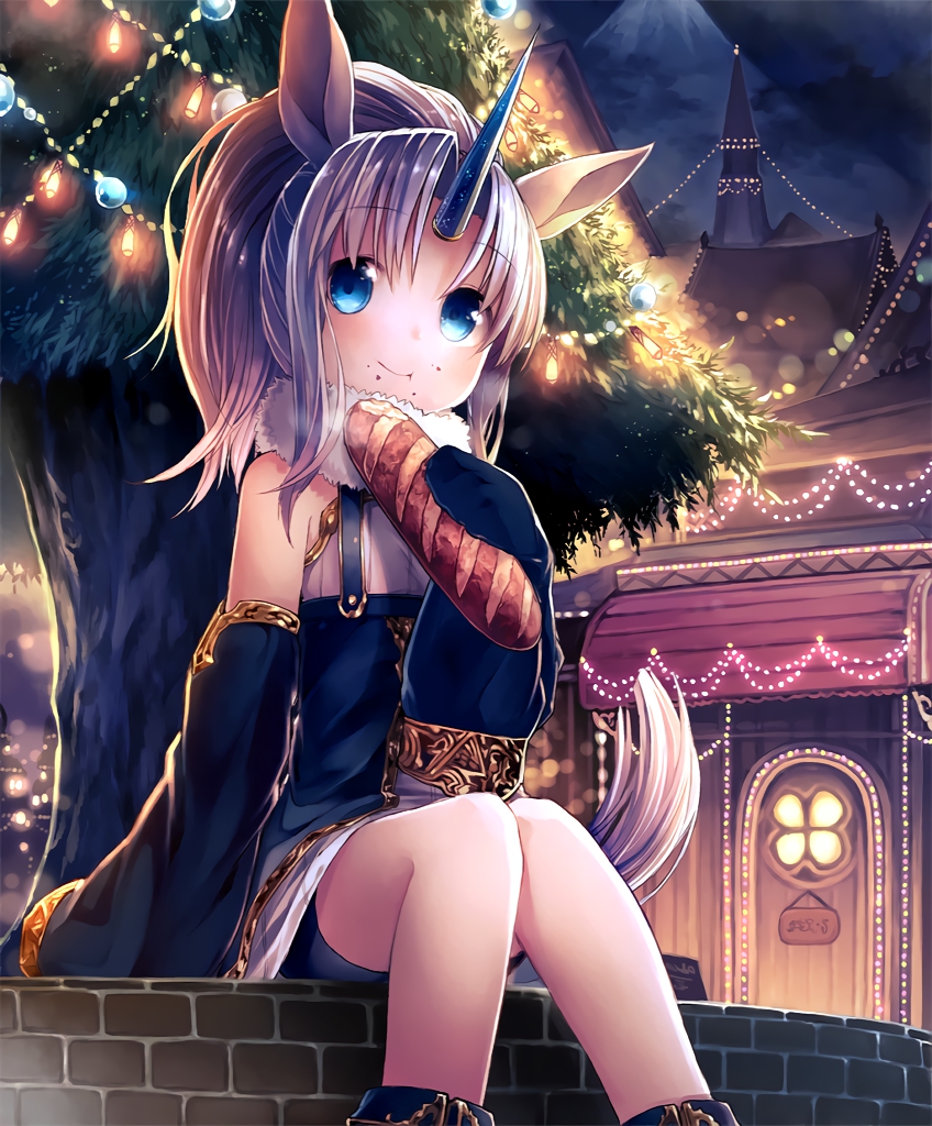 animal_ears artist_request blue_eyes bread christmas_lights christmas_tree crumbs cygames eating food gold_trim horn horse_ears horse_girl horse_tail mountain neck_ruff official_art ponytail shadowverse shingeki_no_bahamut sitting sleeves_past_wrists tail unico_(shingeki_no_bahamut) unicorn_girl white_hair