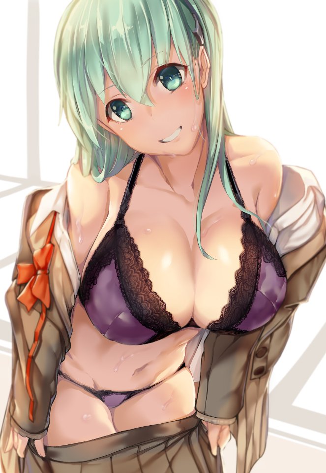 aqua_eyes aqua_hair bra breasts cleavage eyebrows_visible_through_hair grin hair_ornament head_tilt kantai_collection lace lace-trimmed_bra lace-trimmed_panties large_breasts leaning_forward long_hair navel off_shoulder open_clothes open_shirt panties purple_bra purple_panties satou_daiji shirt skirt skirt_pull smile solo suzuya_(kantai_collection) sweat underwear undressing work_in_progress