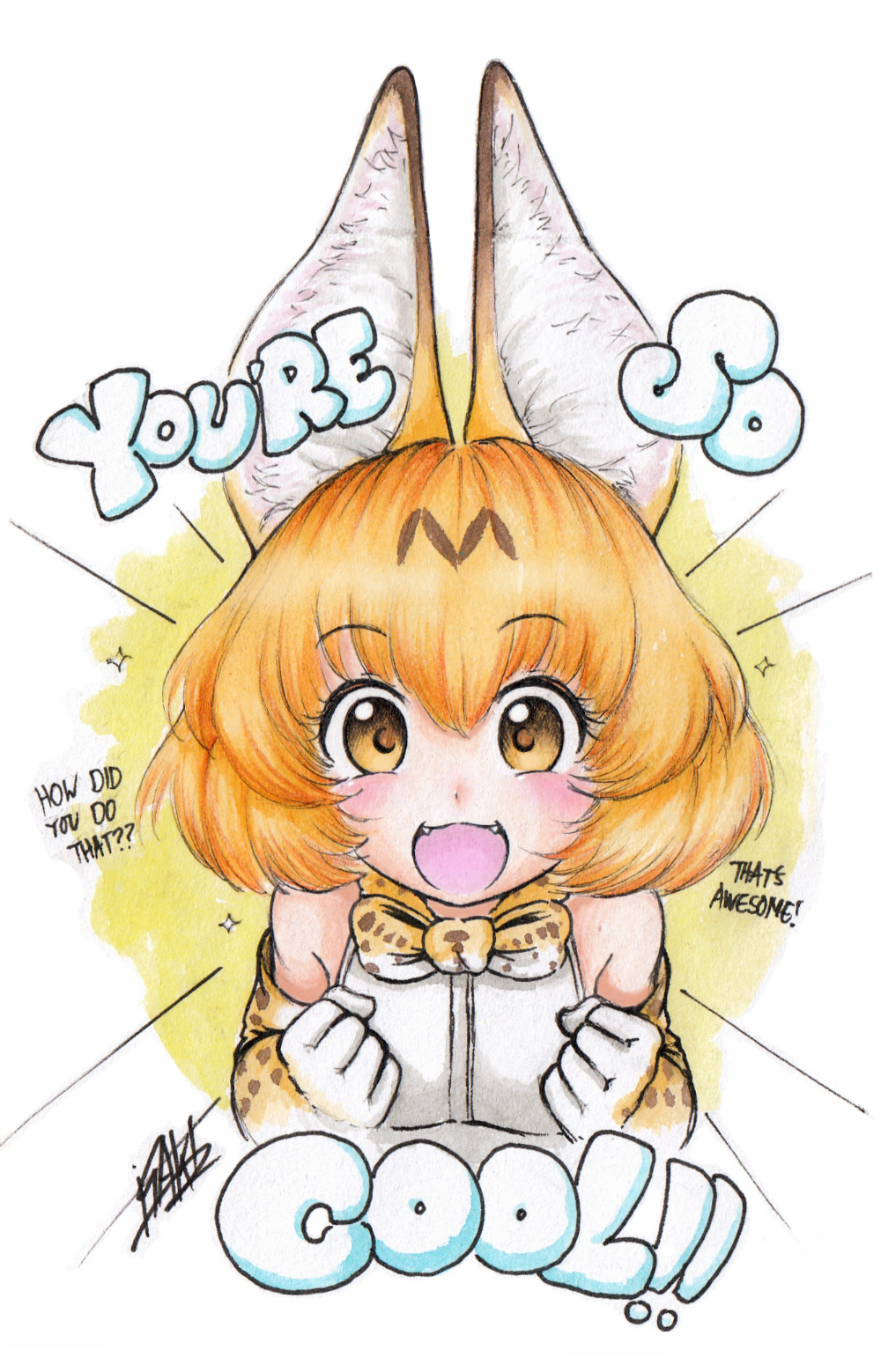 :3 :d animal_ears bare_shoulders blonde_hair blush bow bowtie clenched_hands commentary emphasis_lines english eyebrows_visible_through_hair fangs hair_between_eyes highres isaki_tanaka kemono_friends looking_at_viewer open_mouth praise serval_(kemono_friends) serval_ears serval_print signature smile solo sparkle traditional_media upper_body