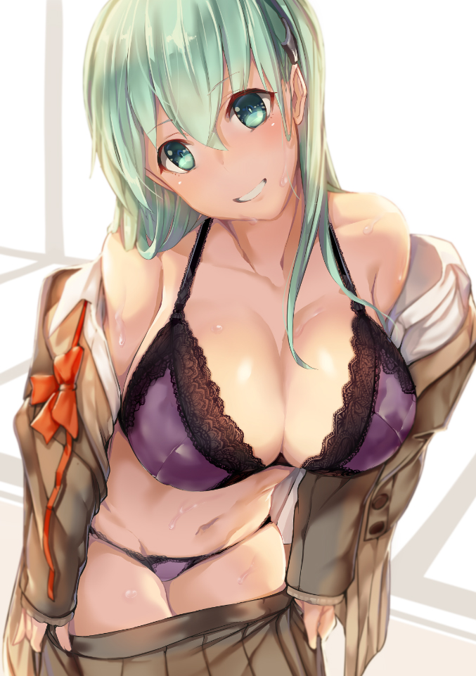 aqua_eyes aqua_hair bra breasts cleavage eyebrows_visible_through_hair grin hair_ornament head_tilt kantai_collection lace lace-trimmed_bra lace-trimmed_panties large_breasts leaning_forward long_hair navel off_shoulder open_clothes open_shirt panties purple_bra purple_panties satou_daiji shirt skirt skirt_pull smile solo suzuya_(kantai_collection) sweat underwear undressing work_in_progress