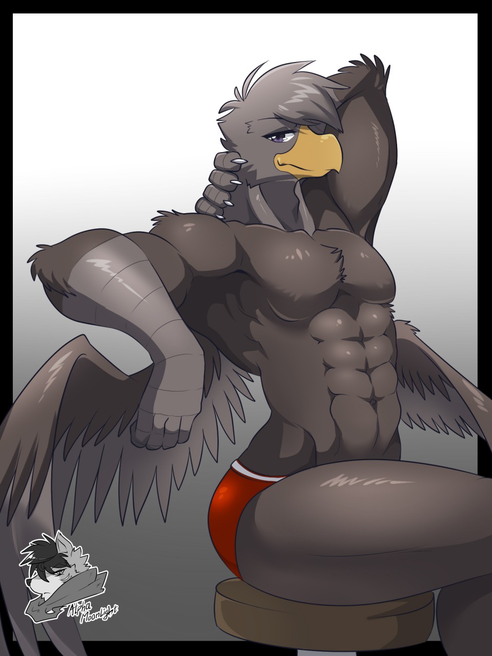 2017 abs alphamoonlight anthro avian beak bird black_fur claws clothing feathers fur grey_fur gryphon hawk looking_at_viewer male muscular muscular_male navel purple_eyes simple_background sitting solo underwear white_background wings