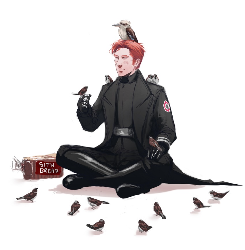 bad_id bad_pixiv_id bird boots bread closed_eyes coat feathered_wings food general_hux gloves male_focus orange_hair senkkei simple_background sitting solo star_wars star_wars:_the_force_awakens white_background white_eyes wings
