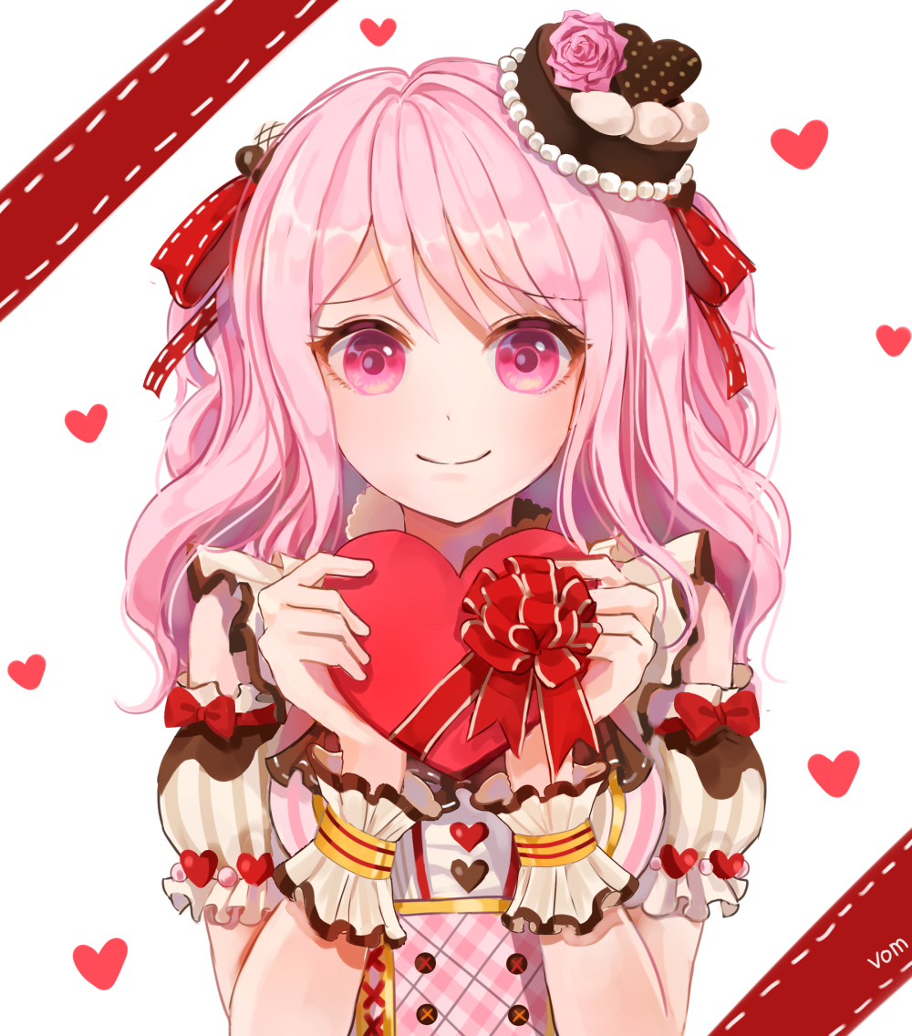 1girl alternate_hairstyle artist_name bang_dream! bangs box corset ferrel_(rocher_71) flower frilled_sleeves frills gift hair_ribbon hands_up hat hat_flower heart heart-shaped_box holding holding_gift long_hair looking_at_viewer maruyama_aya pink_eyes pink_flower pink_hair pink_rose red_ribbon ribbon rose shirt short_sleeves shoulder_cutout simple_background smile solo striped striped_shirt two_side_up upper_body valentine vertical-striped_shirt vertical_stripes wavy_hair white_background wrist_cuffs