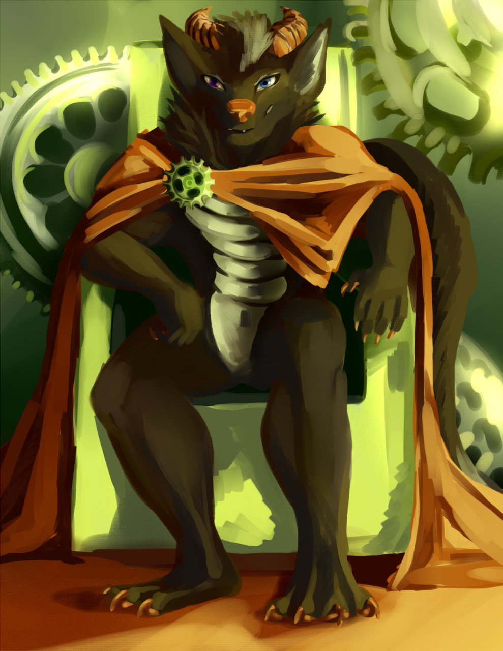 anthro badquinque canine cape chair clothing featureless_crotch fur looking_at_viewer male mammal sitting solo throne