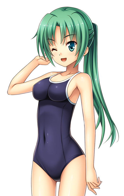 ;d ass_visible_through_thighs blue_swimsuit breasts collarbone competition_school_swimsuit covered_navel cowboy_shot eyebrows_visible_through_hair green_eyes green_hair hand_in_hair higurashi_no_naku_koro_ni kurosaki long_hair medium_breasts one-piece_swimsuit one_eye_closed open_mouth ponytail school_swimsuit shiny shiny_skin sideboob smile sonozaki_mion standing swimsuit transparent_background