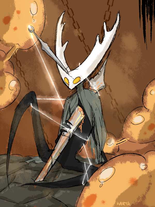 ambiguous_gender ambiguous_species blood final_boss_(hollow_knight) hollow_knight horn impalement karta. melee_weapon no_pupils solo stab weapon yellow_eyes