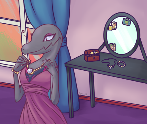 clothing dress female jewelry mirror musical_note necklace nintendo pok&eacute;mon puru salazzle solo video_games