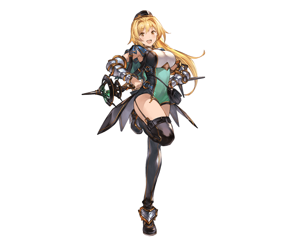 bangs blonde_hair breasts capelet eyebrows_visible_through_hair full_body gauntlets granblue_fantasy hat large_breasts leg_up long_hair looking_at_viewer miimu minaba_hideo official_art open_mouth shingeki_no_bahamut sleeveless smile solo staff thigh_strap thighhighs transparent_background yellow_eyes