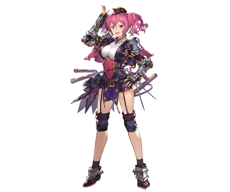 armor bangs belt_pouch breasts capelet elbow_gloves fingerless_gloves full_body gloves granblue_fantasy hand_on_hip hat looking_at_viewer medium_breasts meimu_(shingeki_no_bahamut) minaba_hideo official_art open_mouth pelvic_curtain pink_hair pouch red_eyes shingeki_no_bahamut shoes short_twintails shorts shoulder_armor smile solo transparent_background twintails weapon