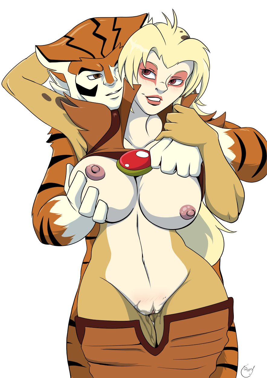 ambiguous_gender animal_humanoid breast_fondling breasts cat_humanoid cheetara clothed clothing duo feline female female/ambiguous fondling hand_on_breast humanoid lion mammal nipples pants_down partially_clothed pussy shirt_up smile standing thundercats tygra yawg