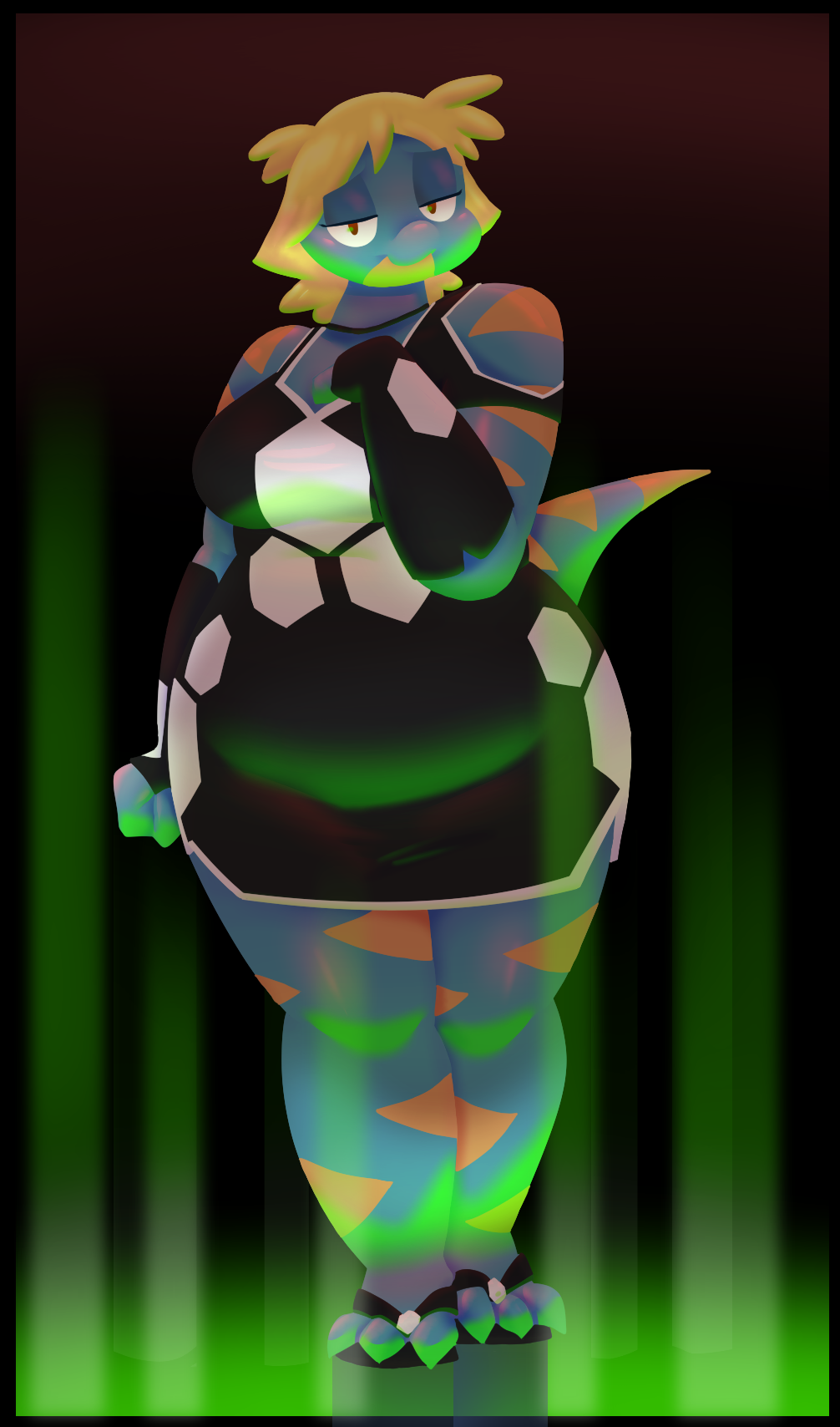 black_background blonde_hair blue_skin bree_(junk_planet) clothing fingerless_gloves gloves gradient_background hair hexagon little_black_dress potoobrigham simple_background slightly_chubby smile stripes wide_hips