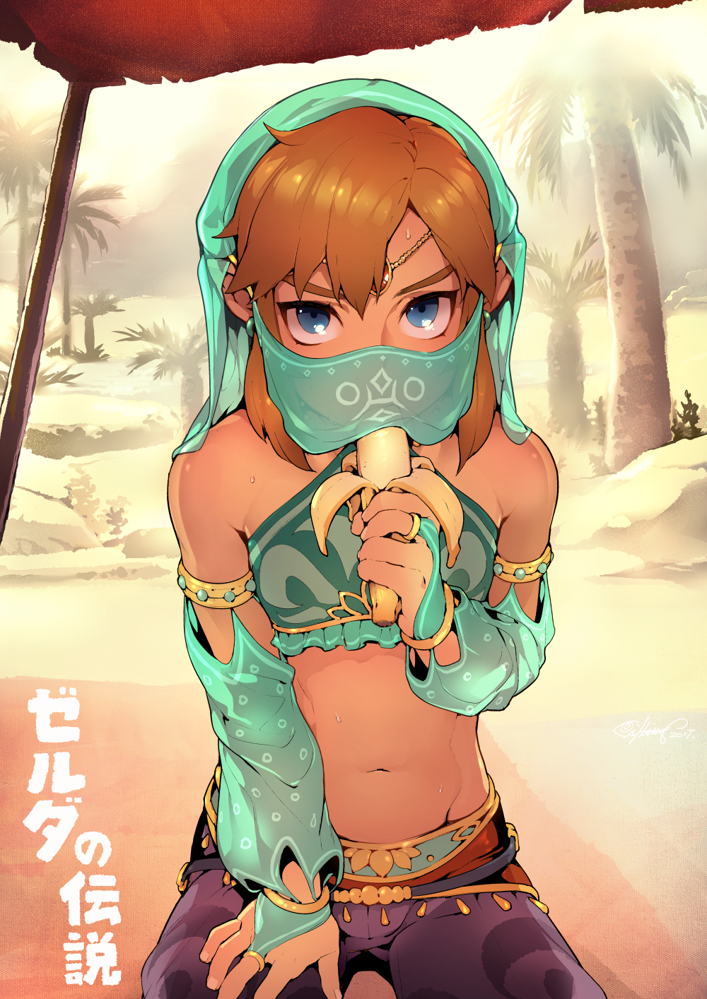 alternate_costume armlet banana blue_eyes brown_hair circlet commentary crossdressing detached_sleeves eating fishine food fruit gerudo_link gold_trim highres link looking_at_viewer male_focus navel otoko_no_ko phallic_symbol see-through sitting solo stomach sweat the_legend_of_zelda the_legend_of_zelda:_breath_of_the_wild veil