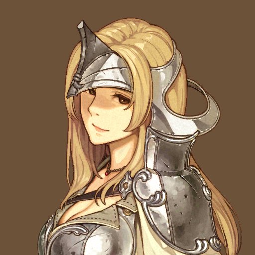 armor blonde_hair breasts brown_background brown_eyes cleavage closed_mouth damaged fire_emblem fire_emblem_echoes:_mou_hitori_no_eiyuuou helmet hidari_(left_side) jewelry large_breasts lips long_hair matilda_(fire_emblem) necklace official_art sidelocks simple_background smile solo upper_body wavy_hair