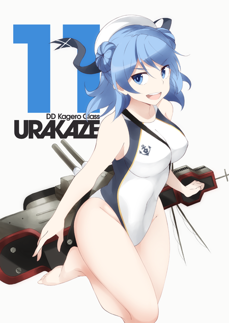 alternate_costume anchor_symbol bangs bare_arms bare_legs barefoot blue_eyes blue_hair breasts character_name collarbone competition_swimsuit double_bun eyebrows eyebrows_visible_through_hair groin hat kantai_collection large_breasts leg_up looking_to_the_side machinery number one-piece_swimsuit open_mouth sailor_hat simple_background sleeveless solo souji swimsuit urakaze_(kantai_collection)