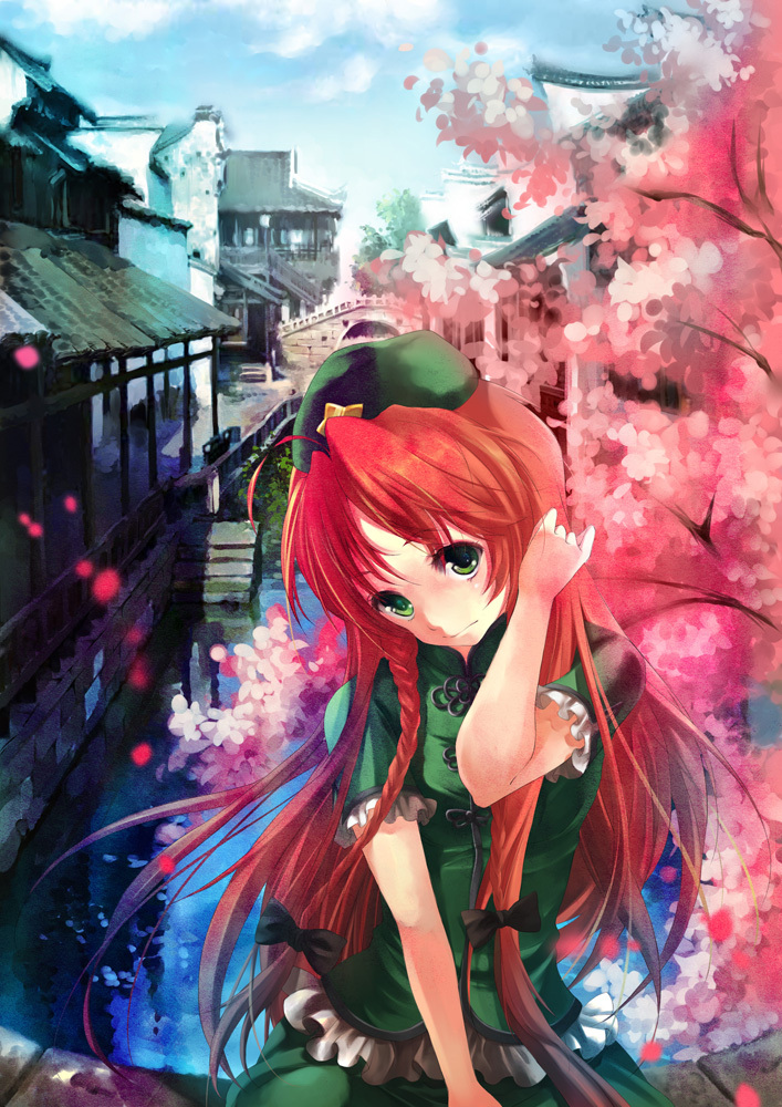 bad_id bad_pixiv_id braid cherry_blossoms green_eyes hair_ribbon hand_in_hair hat hong_meiling lilithbloody long_hair looking_at_viewer petals real_world_location red_hair ribbon river single_braid sitting solo touhou town
