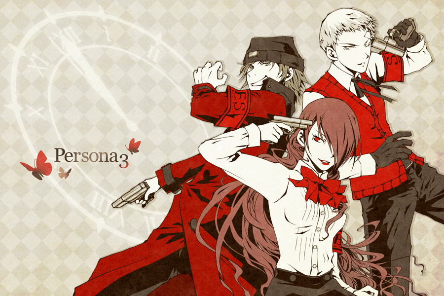 2boys aragaki_shinjirou armband evoker gengendou gun gun_to_head hair_over_one_eye holding holding_gun holding_weapon kirijou_mitsuru long_hair multiple_boys persona persona_3 red_hair sanada_akihiko silver_hair weapon