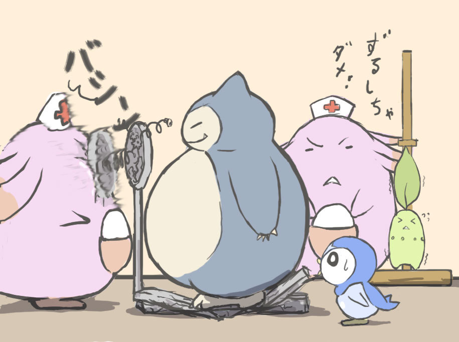 chikorita gen_1_pokemon gen_2_pokemon gen_4_pokemon in_the_face marimo_(momiage) no_humans o_o piplup pokemon pokemon_(creature) sketch snorlax translated weighing_scale
