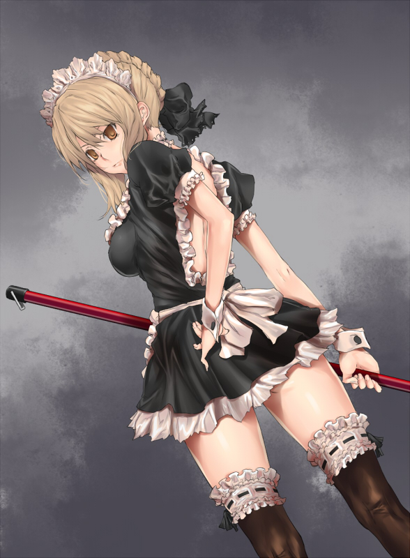 artoria_pendragon_(all) black_legwear blonde_hair breasts fate/stay_night fate_(series) frills garters impossible_clothes impossible_shirt looking_back maid maid_headdress medium_breasts mop rokuichi saber_alter shirt sideboob simple_background solo thighhighs wrist_cuffs yellow_eyes zettai_ryouiki