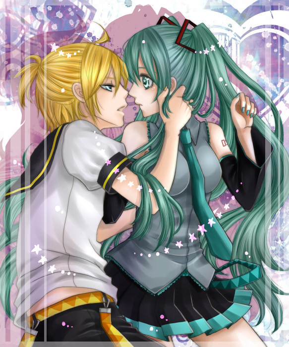 1girl aoi-mitsubachi bad_id bad_pixiv_id blonde_hair blue_eyes couple detached_sleeves eye_contact green_eyes green_hair hatsune_miku hetero imminent_kiss kagamine_len long_hair looking_at_another necktie open_mouth skirt twintails very_long_hair vocaloid