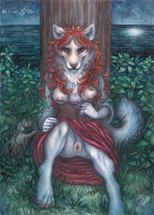 anthro bluari breasts canine clothing detailed_background fantasy female fullmoon hair lake mammal medieval night nipples outside pussy red_hair spread_legs spreading traditional_media_(artwork)