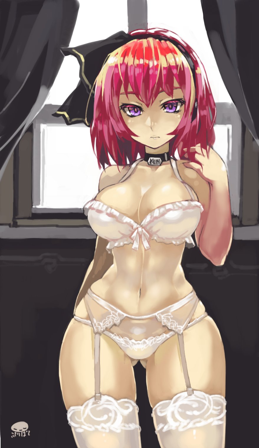 breasts choker commentary_request cosmic_break garter_belt hair_ribbon highres kuhl large_breasts lingerie navel puribate_(helgoland) purple_eyes red_hair ribbon solo thighhighs underwear