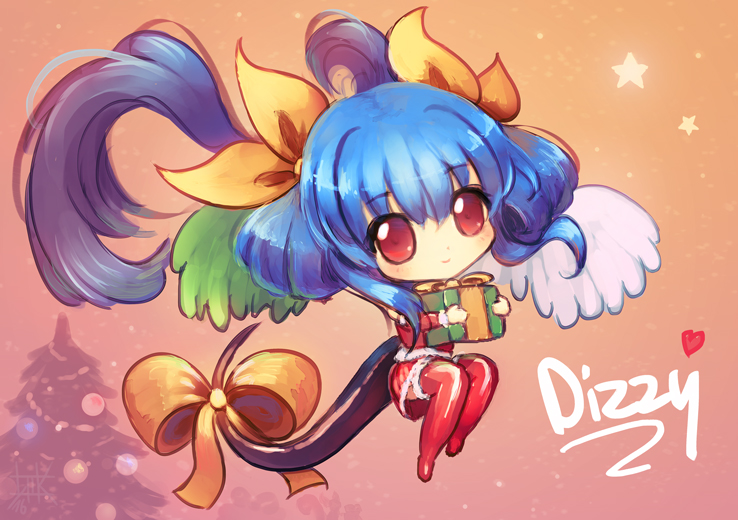 alternate_color asymmetrical_wings birthday blue_hair bow box chibi christmas christmas_tree commentary cubehero dizzy gift gift_box guilty_gear hair_bow heart holding holding_gift long_hair red_eyes solo tail tail_bow thighhighs wings