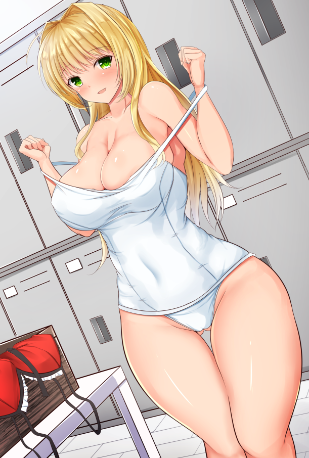ahoge alternate_breast_size alternate_hair_length alternate_hairstyle ass_visible_through_thighs bangs bare_arms bare_shoulders blonde_hair blush bra breasts changing_clothes cleavage clenched_hands collarbone commentary_request covering_navel cowboy_shot fate/extra fate_(series) green_eyes groin hair_intakes large_breasts locker locker_room long_hair looking_at_viewer nero_claudius_(fate) nero_claudius_(fate)_(all) noeomi one-piece_swimsuit parted_lips pulled_by_self red_bra smile solo strap_pull swimsuit thigh_gap underwear white_swimsuit